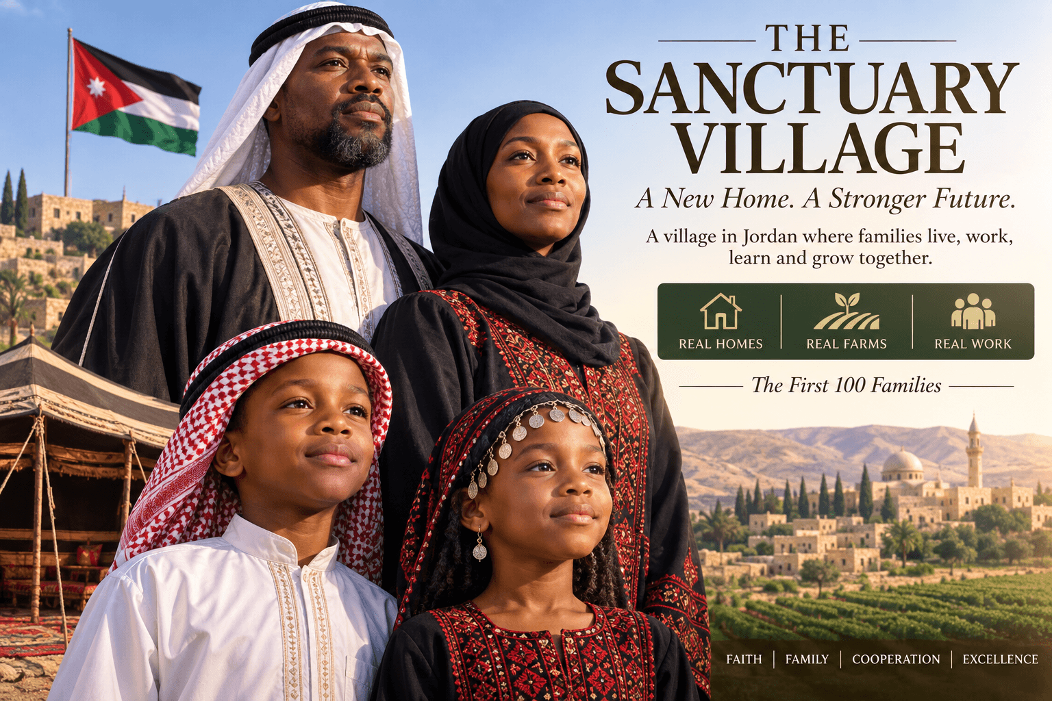 Poster for the Sanctuary Village Project — a family of four look out over a stone village in Jordan, where the first 100 families are to have real homes, real farms and real work.