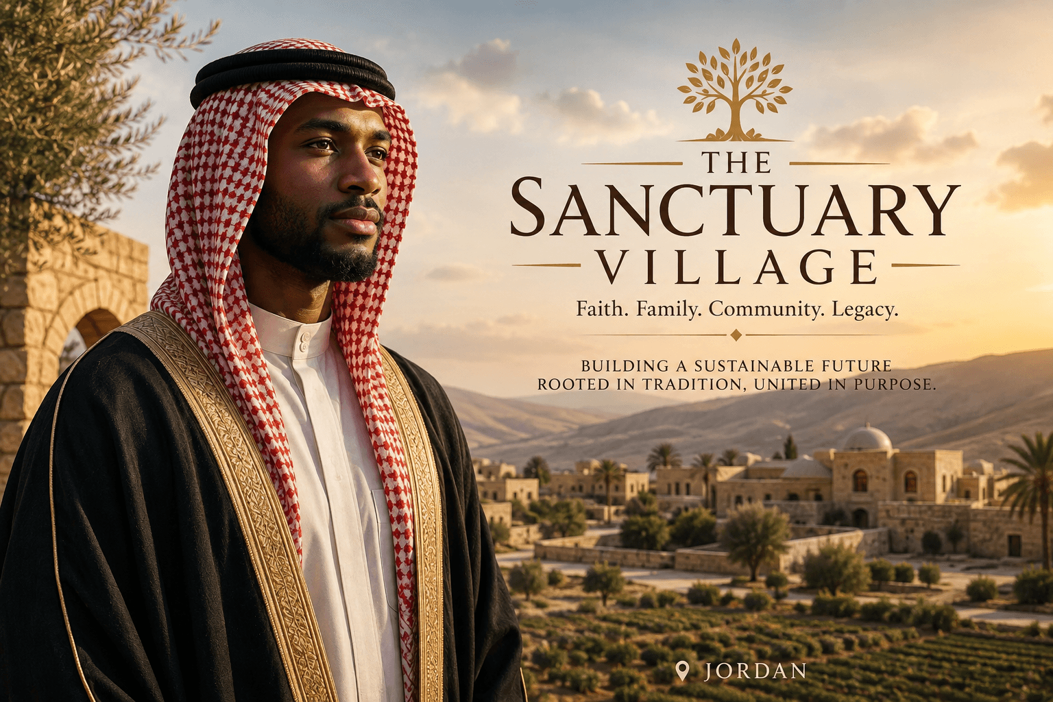 Poster for the Sanctuary Village Project in Jordan — a man in traditional dress stands above a stone village and its terraced farmland at sunset, under the project's promise of a sustainable future rooted in tradition.